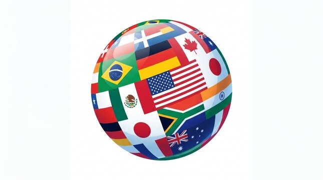 Earth globe icon featuring variety of different national flags isolated on clean white background map.
