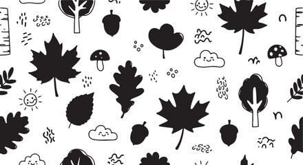 Maple leaves. Autumn background template with flying and falling leaves. Black silhouette. © CreatAr8