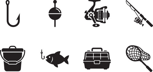 Fishing Tackle and Gear Icons Set, Vector Silhouette Outdoor Equipment Elements © Open Expression