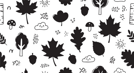 Maple leaves. Autumn background template with flying and falling leaves. Black silhouette. © CreatAr8