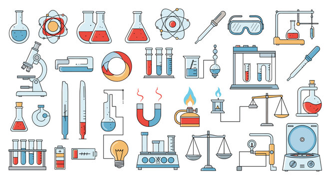 Comprehensive collection of laboratory equipment icons including beakers microscopes and chemical symbols for science and education.