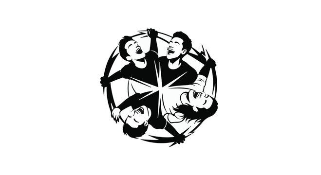 Four stylized heads are arranged in a circular pattern on a white background.