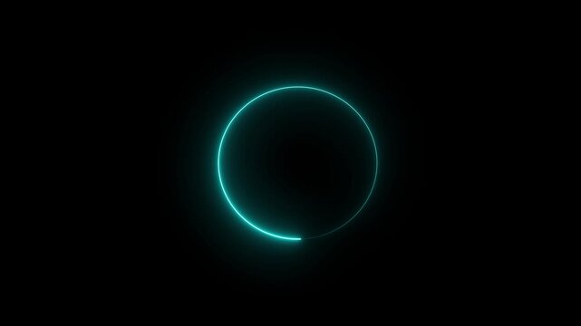 Glowing cyan circle rotating slowly on black background with neon light effects. animation
