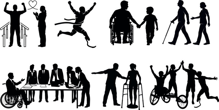 Inspirational Disability Inclusion Silhouettes: Rehabilitation, Adaptive Sports, and Professional Accessibility Concept