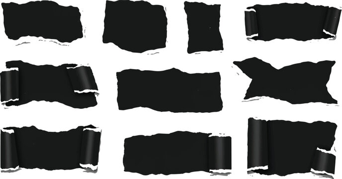 Torn pieces of tape paper, oblong black scotch tapes, vintage silhouette stickers torn edge, vector