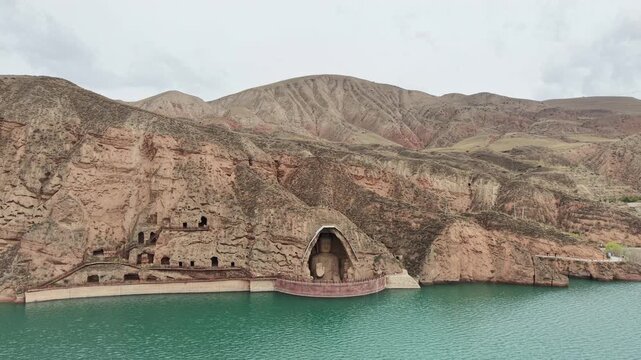 Aerial View of Tiantishan Grottoes and Buddha Statue in Wuwei, Gansu, China