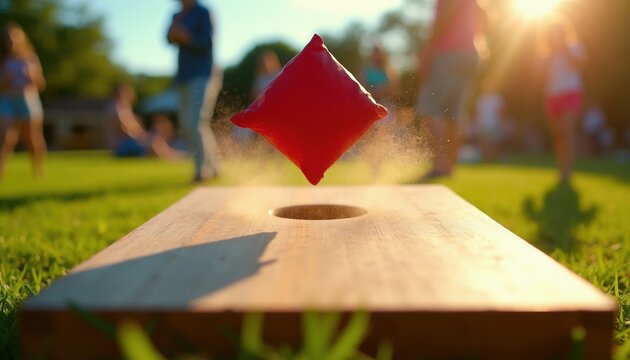 Red bean bag flies towards hole on wooden board. People play cornhole game on green grass lawn. Friends enjoy outdoor fun on sunny summer day.