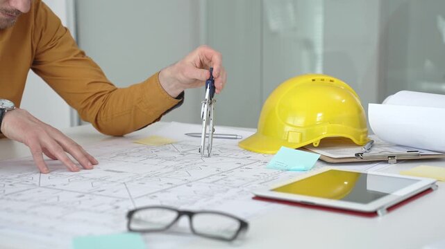 Engineer or architect planning a building project. Drawing details on blueprints with a pen. Surrounded by a yellow hard hat. Rolled plans. And eyeglasses on a clean office desk