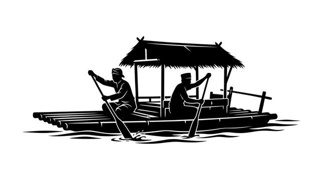 Two Men Rowing a Traditional Boat.