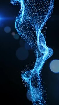 Abstract blue data flow particles on dark background.