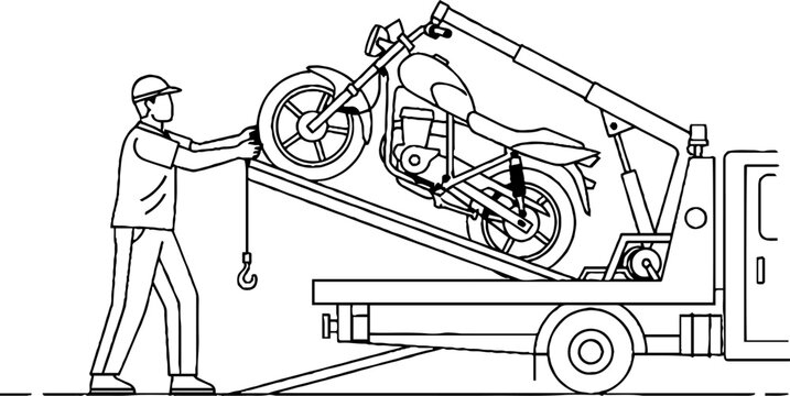 Worker loading motorcycle onto flatbed tow truck.