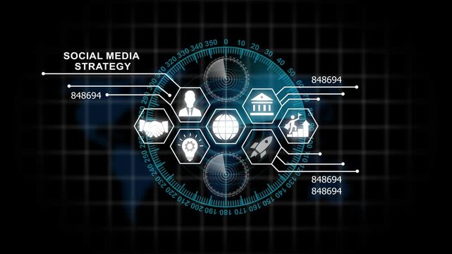 Digital social media strategy infographic hud interface with global business and animated data analytics metrics for corporate marketing presentations and tech