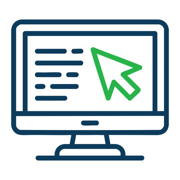 Computer Monitor Icon with Green Cursor Arrow Over Blue Interface Lines for Ui Design and Software Graphics