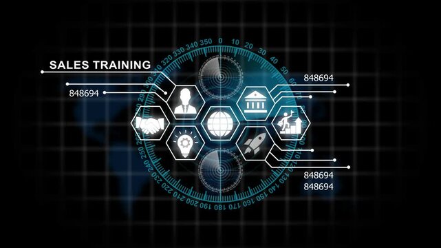 Dynamic sales training digital hud interface with animated global business and data analytics metrics for corporate growth strategy presentations and marketing