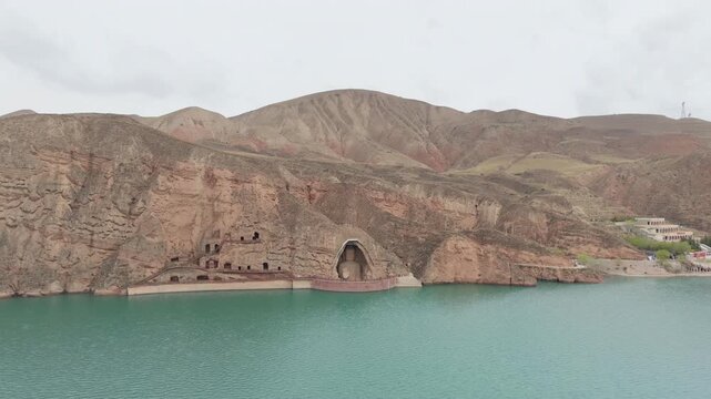 Aerial View of Tiantishan Grottoes and Buddha Statue in Wuwei, Gansu, China