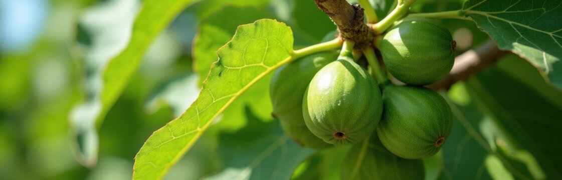 Green unripe figs grow on a tree branch under bright sunlight. Large vibrant green leaves surround the young fruit. The garden farm shows healthy plant life.
