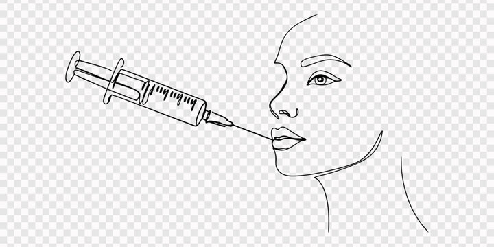 Continuous line beauty surgery concept. One line female lips and syringe, lip filters, transparent background, Continuous line, Young woman making anti-aging injections . Drawing of set Beauty. Vector