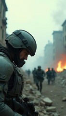 Obraz premium Soldier in helmet and tactical gear stands on rubble road in war zone city ruins. Military forces advance through smoke and fire. Urban combat scene after battle destruction.