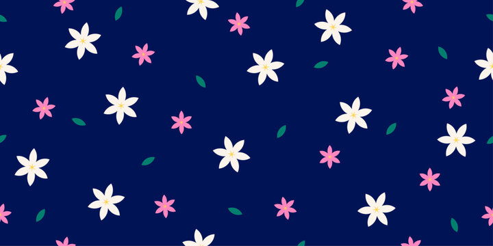 Geometric pattern seamless white jasmine flowers, pink flowers and falling green leaves on navy blue background. Design for fabric, Background, Wallpaper, Vector illustration.
