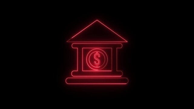 Bright Red Neon Outline Of A Bank Building With A Dollar Sign Inside On A Black Background Representing Financial Institutions And Money Transactions In A Modern Digital Style
