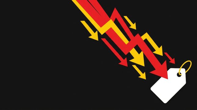 Financial crash concept with red and yellow arrows and price tag