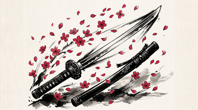 Japanese Katana Sword and Scabbard with Cherry Blossoms.
