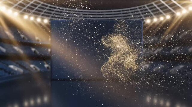 Glowing gold particles explode in stadium.