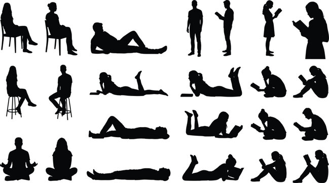 People Reading Books in Various Sitting Standing and Lying Poses Silhouette Collection Isolated Vector Style Set
