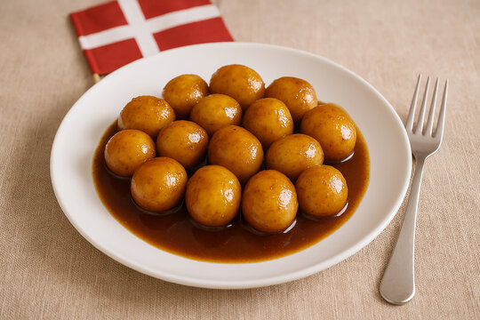 Traditional Danish Brune Kartofler or Brown Potatoes. stock photo 