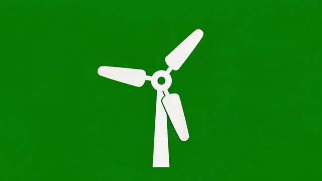 Minimalist white wind turbine icon animation with rotating blades on an isolated vibrant green background