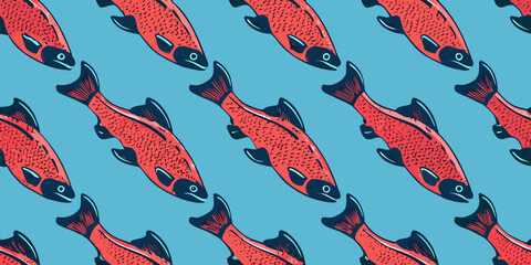 Red Salmon Pattern With Teal Background Repeating Fish Illustration © BelaRani