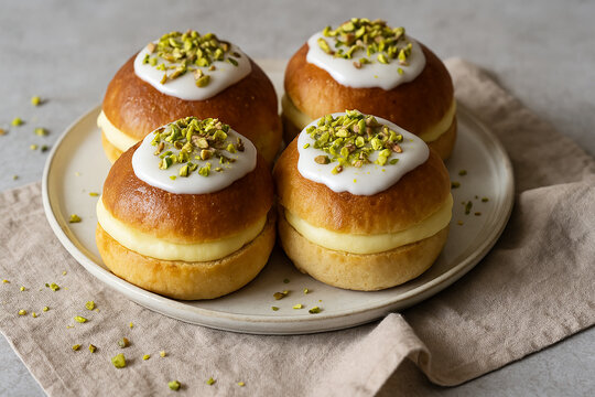 Traditional Old Fashioned Fastelavnboller or Danish Cream Cakes Topped with Pistachios stock photo 