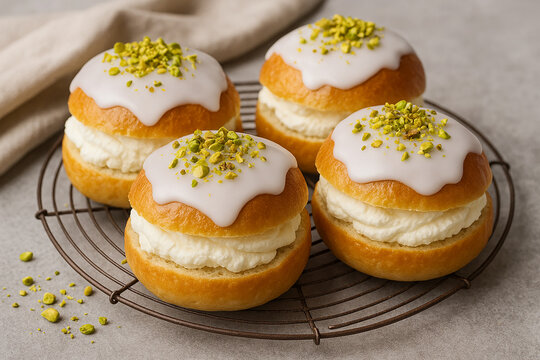 Traditional Old Fashioned Fastelavnboller or Danish Cream Cakes Topped with Pistachios stock photo 
