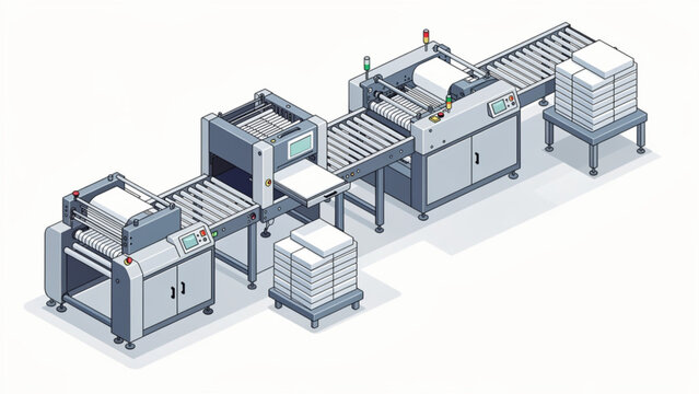 Industrial Packaging Line with Automated Machines and Stacked Cardboards in Factory