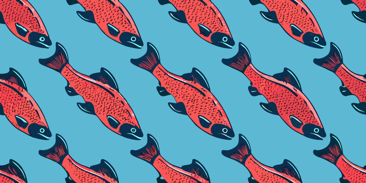 Red Salmon Pattern With Teal Background Repeating Fish Illustration