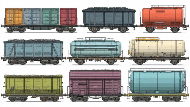 Colorful Freight Train Cars Set with Various Cargo Containers and Bright Shades