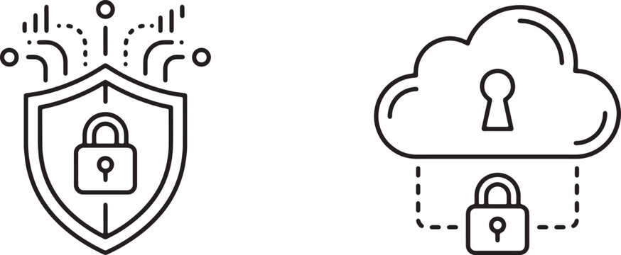 Art & Illustration, Cyber security firewall shield and encrypted cloud database padlock