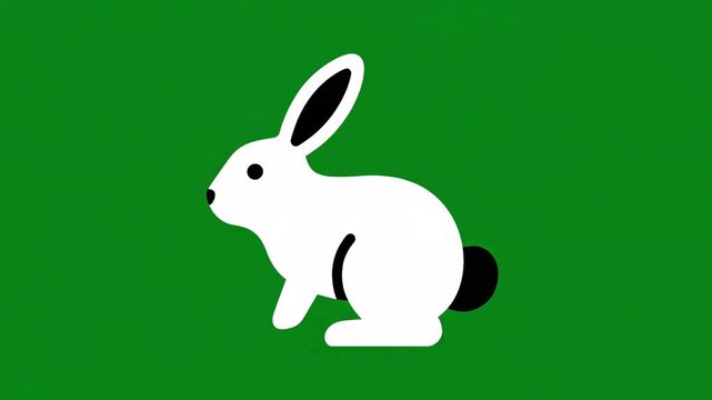 Minimalist 2D animation of a white rabbit moving its ears and tail on a vibrant solid green background