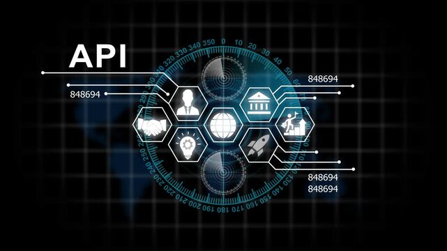 Advanced api integration interface with digital hud radar and global business network for corporate data analytics and software development technology concepts
