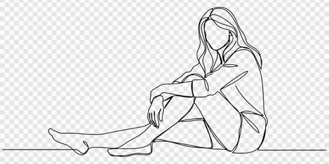 Obraz premium Minimalist line art of a woman sitting on the floor, elegant pose, continuous drawing, Continuous One Line Drawing of a Young Woman Sitting and Relaxing on the Floor, Minimalist Vector Illustration on