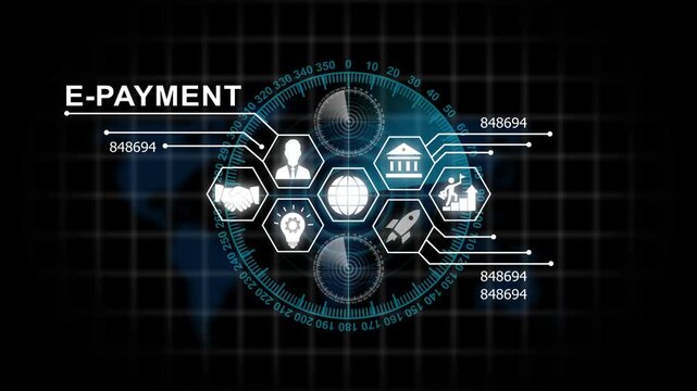 Digital e-payment interface with global financial and hud radar data analytics for secure online banking transactions and modern fintech business growth technology