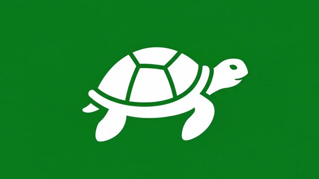 Minimalist white turtle icon zooming in with slow swimming animation isolated on green screen background