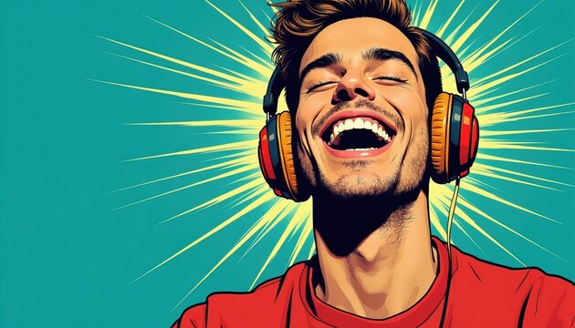 Man laughs listening to music with headphones, pop art style. Vibrant colors, energetic background conveys pure joy and auditory pleasure. Fun and expressive illustration.