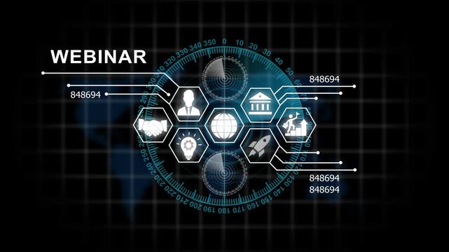 Dynamic webinar digital interface hud with global business and animated data analytics for corporate communication, virtual training, and online presentation