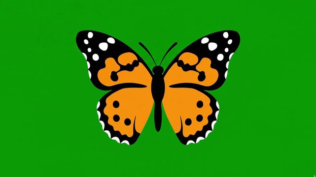 Orange monarch butterfly icon with flapping wings animation isolated on a green screen background chroma key