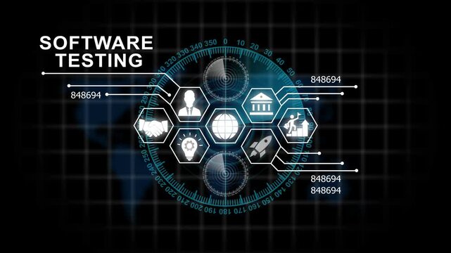 Advanced software testing digital interface with animated hud global network data analytics metrics, and futuristic cyber security hud overlay for tech presentations