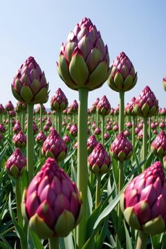 Pink artichokes rise tall in a sunlit field