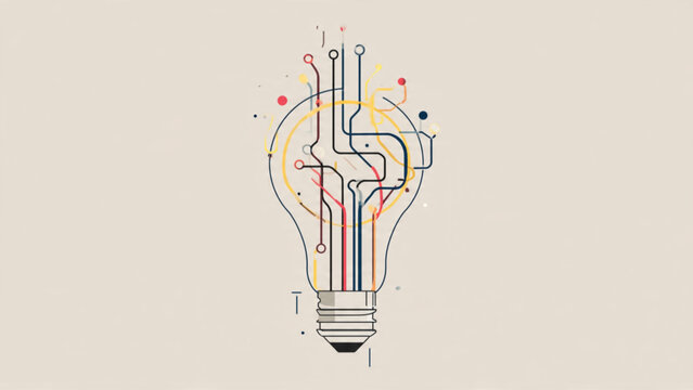 Conceptual illustration of interconnected circuits inside a glowing light bulb representing innovation