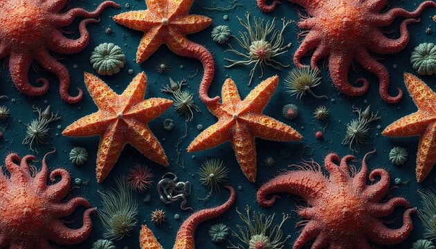 Seamless pattern of orange starfishes and red octopuses on dark blue ocean floor. Small green sea urchins and delicate sea anemones add detail. Background for underwater theme or marine life projects.