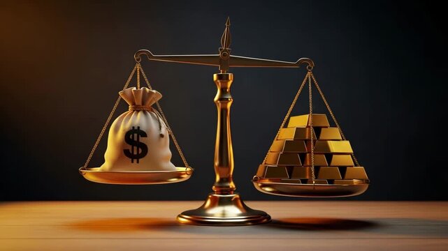 Financial Equilibrium: A classic balance scale weighs a bulging money bag adorned with a dollar sign against a gleaming stack of gold bars, symbolizing wealth and monetary value.